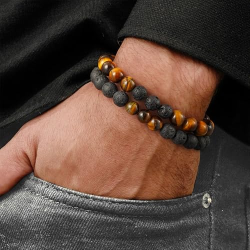 M MOOHAM Bracelets for Mens Gifts - Beaded Natural Tiger Eye Bracelet Black Lava Rock Stone Chakra Mens Anxiety Bracelets Adjustable Aromatherapy Essential Oil Diffuser Healing Dad Gifts - Image 2