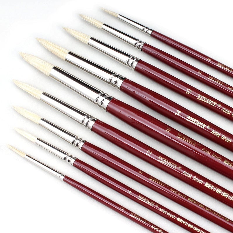 Chrome Long Handle White Bristle Hair Round Tip Artist Paint Brushes -9 Piece Set - Image 3