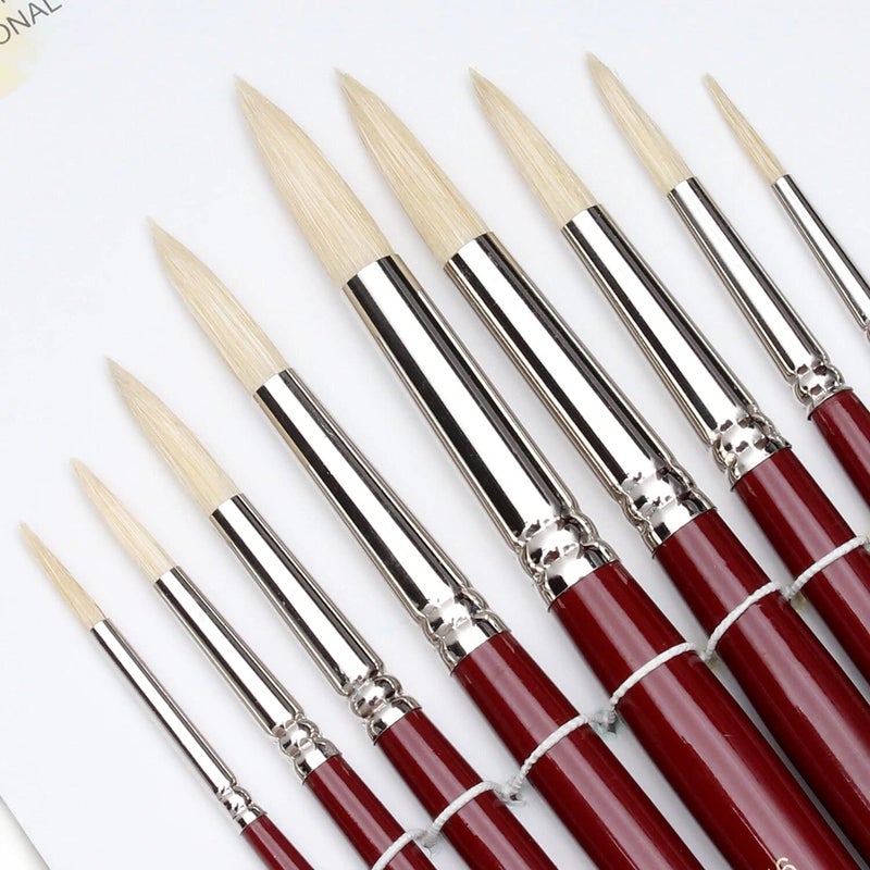Chrome Long Handle White Bristle Hair Round Tip Artist Paint Brushes -9 Piece Set - Image 4