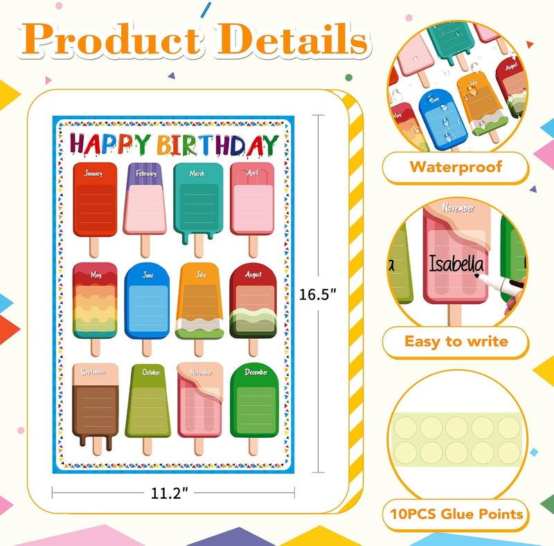 D4DREAM Happy Birthday Chart Poster Watercolor Classroom Birthday Chart 16.5"x 11" Ice Pop Birthday Poster for Classroom Decorations Colorful Birthday Chart Decor for Back to School Teaching Supplies - Image 4