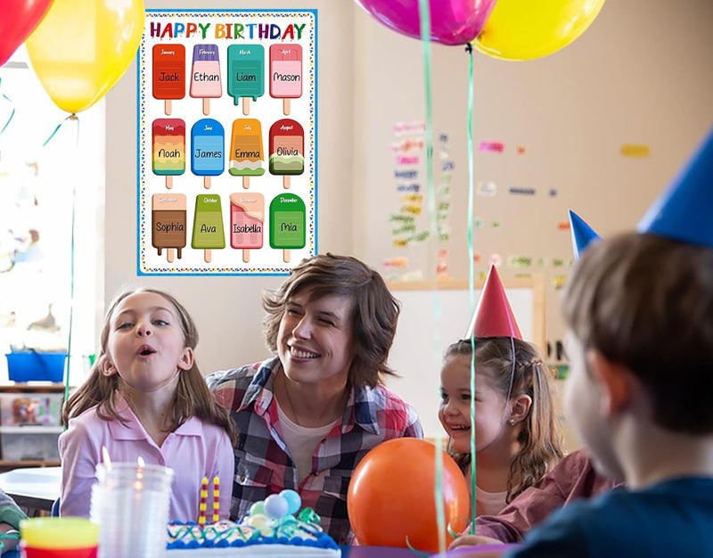 D4DREAM Happy Birthday Chart Poster Watercolor Classroom Birthday Chart 16.5"x 11" Ice Pop Birthday Poster for Classroom Decorations Colorful Birthday Chart Decor for Back to School Teaching Supplies - Image 2