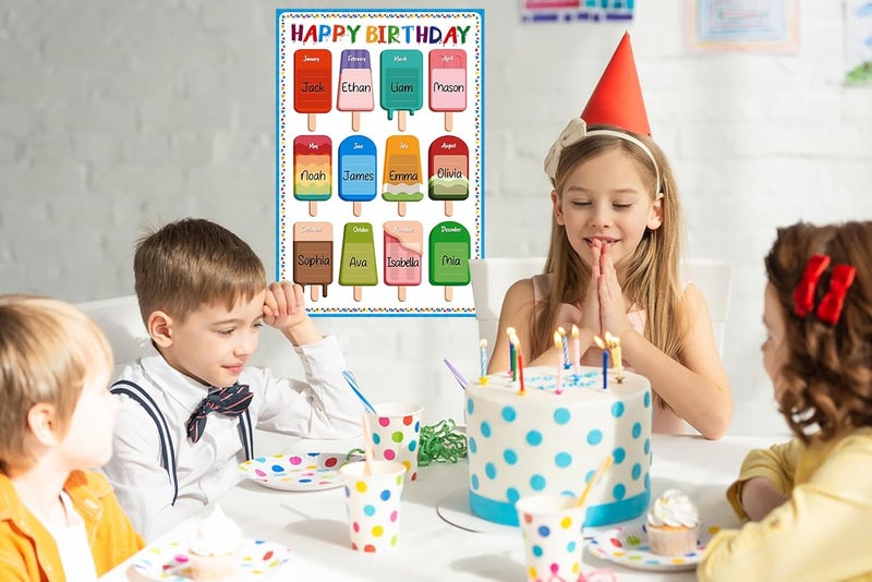 D4DREAM Happy Birthday Chart Poster Watercolor Classroom Birthday Chart 16.5"x 11" Ice Pop Birthday Poster for Classroom Decorations Colorful Birthday Chart Decor for Back to School Teaching Supplies - Image 3