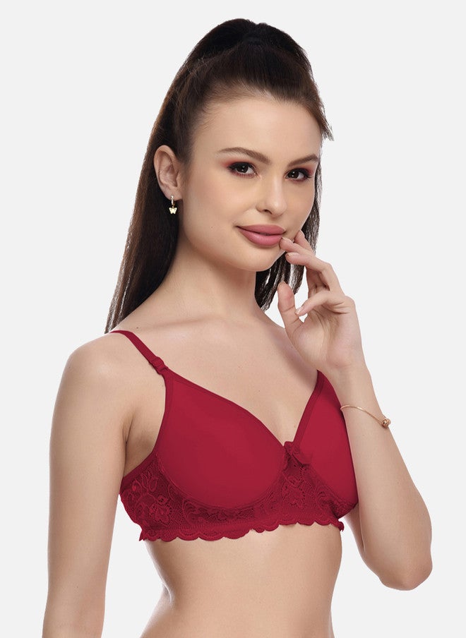 FIMS Women Maroon Cotton Lace Padded Bra - Image 2