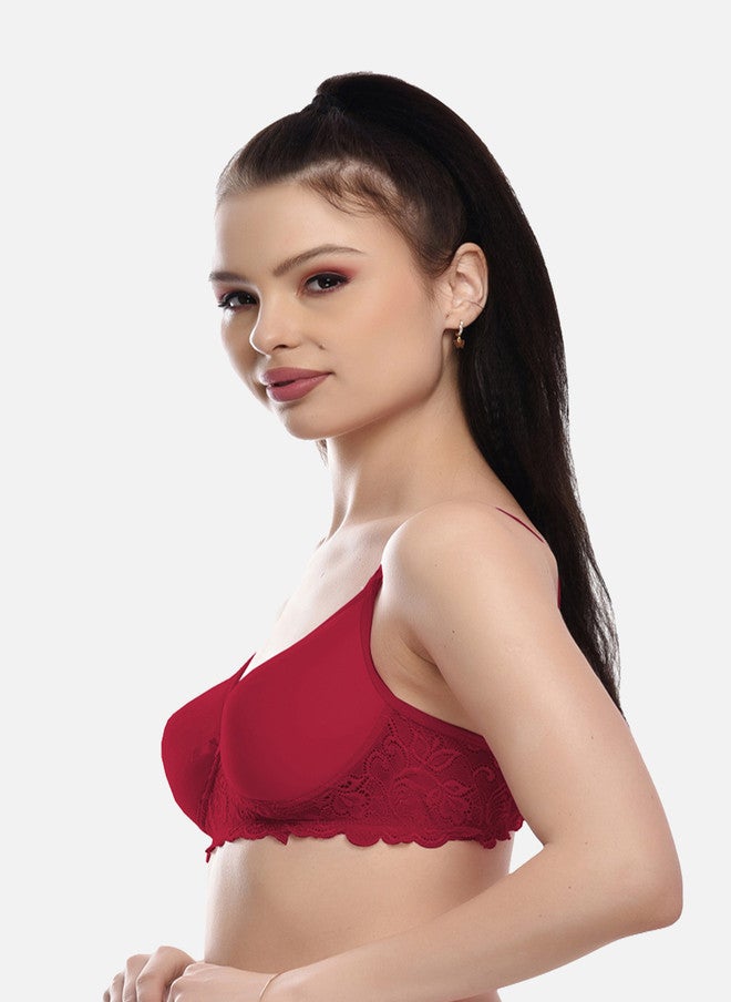 FIMS Women Maroon Cotton Lace Padded Bra - Image 3