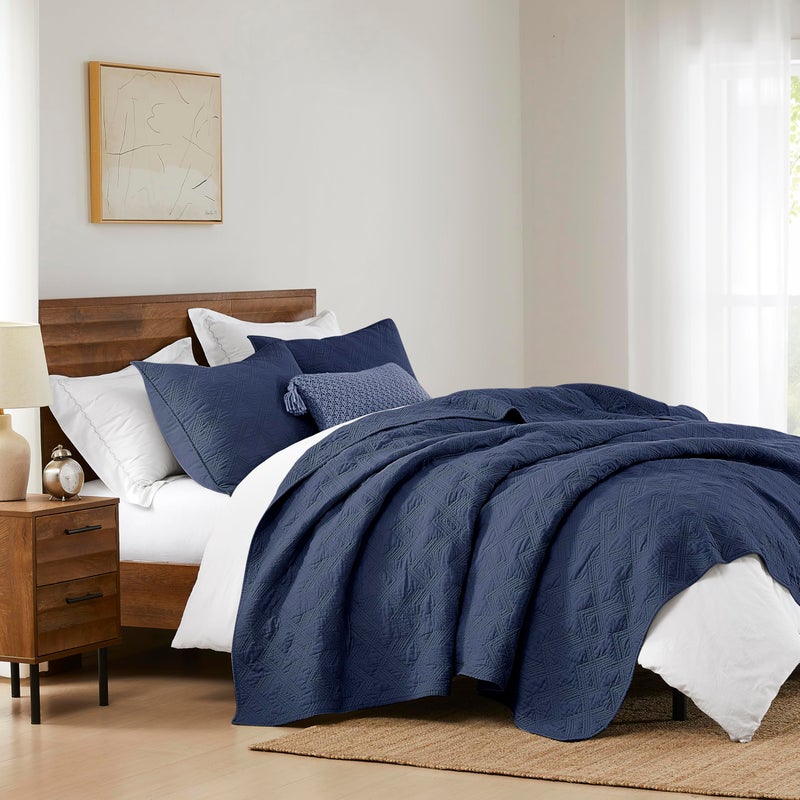 WDCOZY 100% Cotton Twin Size Quilt Set - Navy Blue Pre-Washed Soft Lightweight Modern Bedspread, Farmhouse Country Rustic Coverlet, Textured Like Linen, Shabby Chic Gauze Bedding, 2 Pieces - Image 4