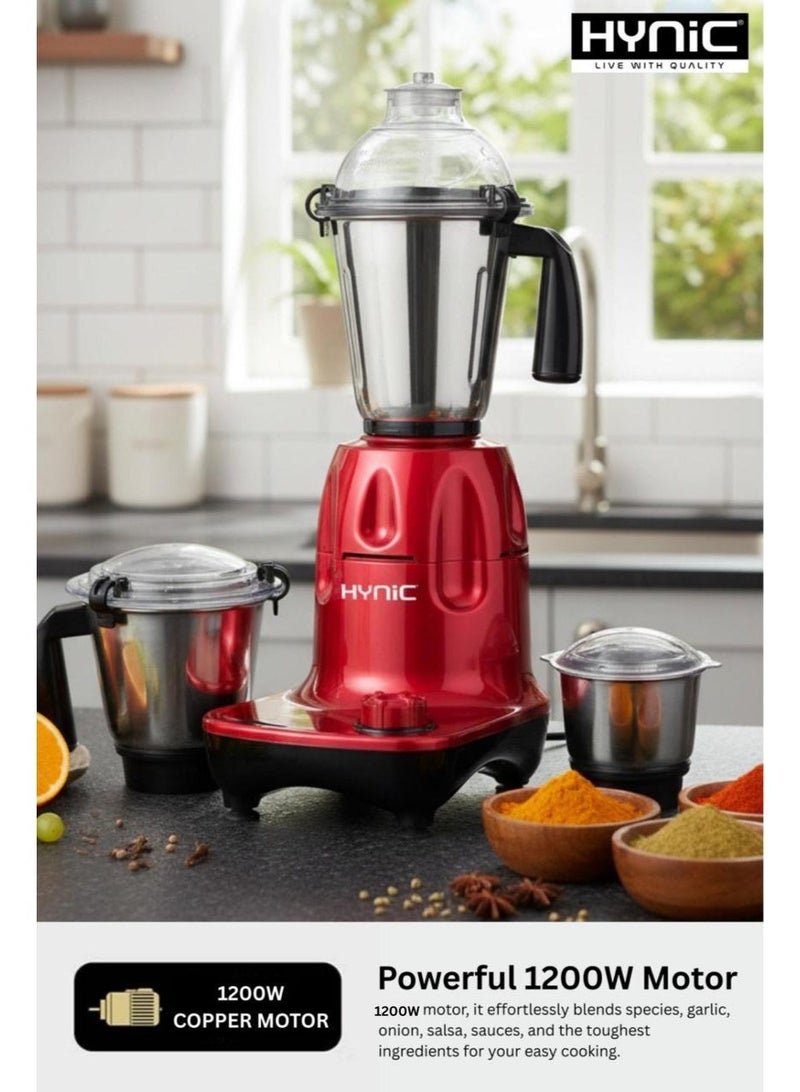 Hynic Kitchen King 3-in-1 Heavy Mixer Grinder | 1200W Powerful Copper Motor | 3 Stainless Steel Jars (1.5L Liquidiser, 1.0L Chutney, 0.5L Dry) | 3-Speed Control | 5 Year Warranty - Image 4