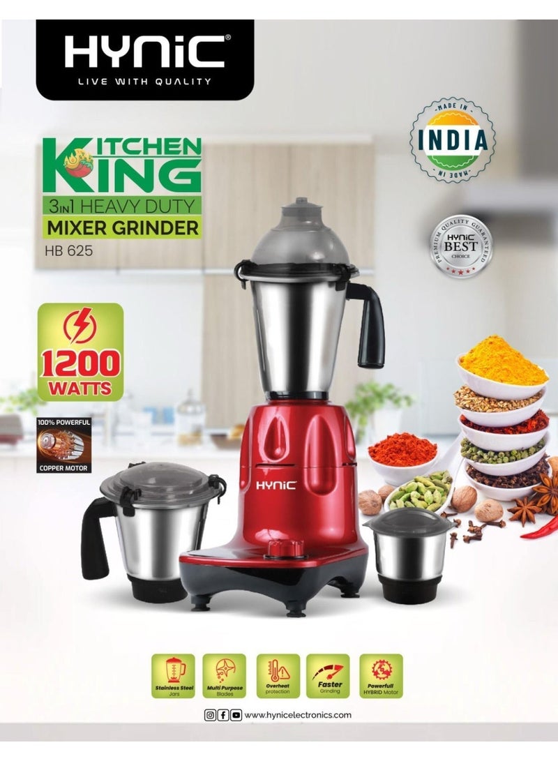 Hynic Kitchen King 3-in-1 Heavy Mixer Grinder | 1200W Powerful Copper Motor | 3 Stainless Steel Jars (1.5L Liquidiser, 1.0L Chutney, 0.5L Dry) | 3-Speed Control - Image 2