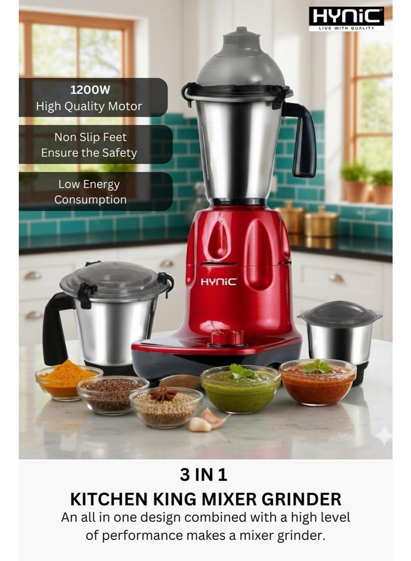 Hynic Kitchen King 3-in-1 Heavy Mixer Grinder | 1200W Powerful Copper Motor | 3 Stainless Steel Jars (1.5L Liquidiser, 1.0L Chutney, 0.5L Dry) | 3-Speed Control - Image 3