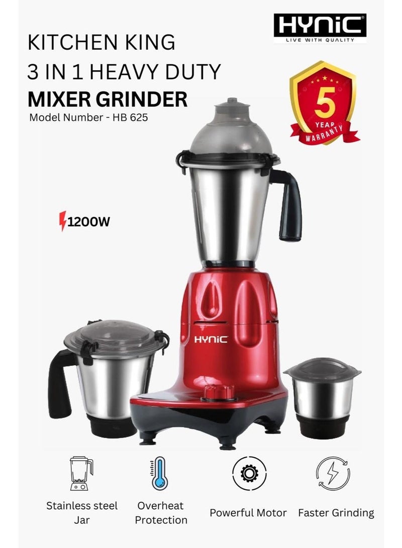 Hynic Kitchen King 3-in-1 Heavy Mixer Grinder | 1200W Powerful Copper Motor | 3 Stainless Steel Jars (1.5L Liquidiser, 1.0L Chutney, 0.5L Dry) | 3-Speed Control - Image 1
