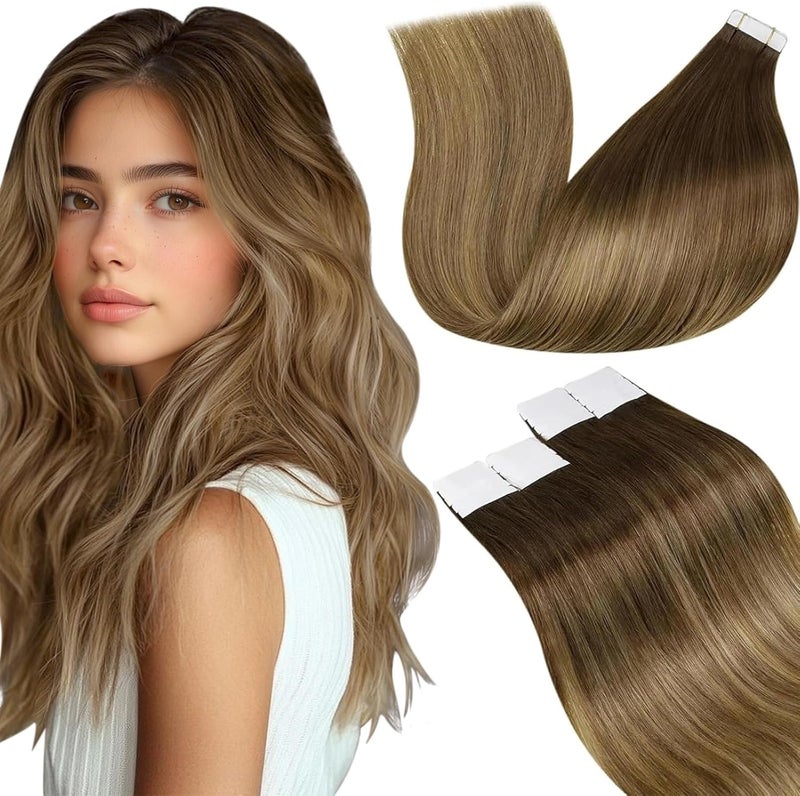 LaaVoo Tape in Hair Extensions Human Hair Brown 50g Tape Hair Extensions Real Human Hair Invisible Tapes Remy Straight Balayage Brown Shadows Hair Double Sided Tabs 20pcs 14 Inch 6814