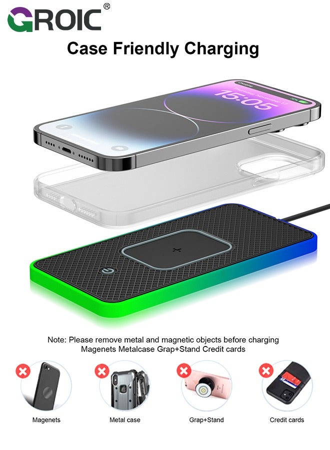 GROIC Wireless Car Charger Pad, QI 15W RGB Wireless Charger for Car USB, Wireless Charging Pad with On/Off Button, Car Charger Incl for Apple Air-pods iPhone 15/14/13/12 Samsung S24/S23/S22 (1M Cable)  - Image 2