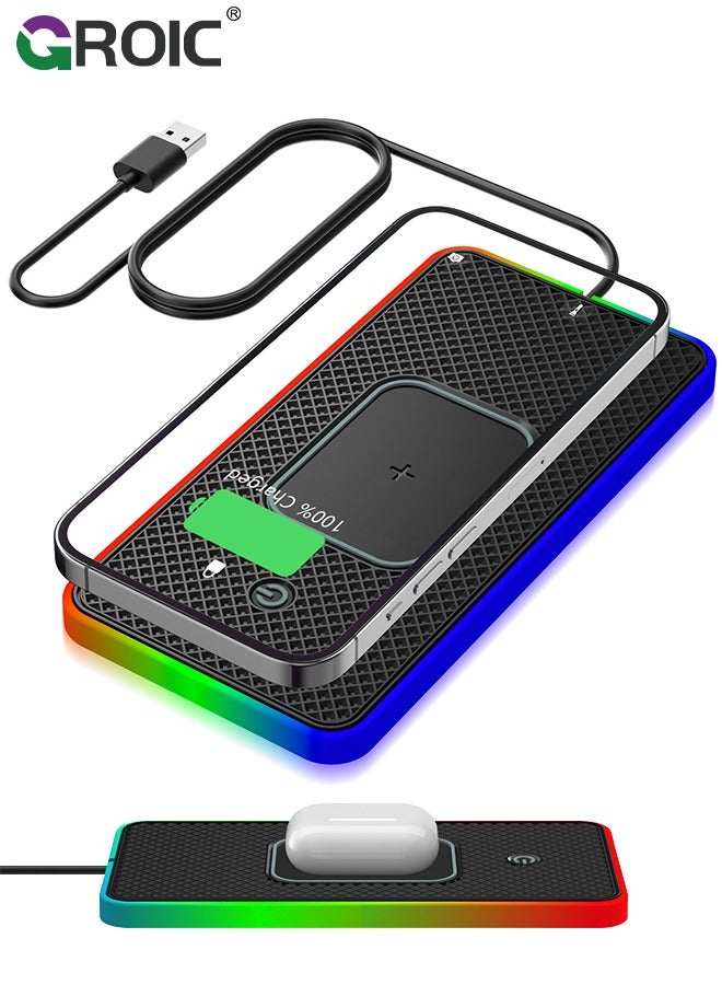 GROIC Wireless Car Charger Pad, QI 15W RGB Wireless Charger for Car USB, Wireless Charging Pad with On/Off Button, Car Charger Incl for Apple Air-pods iPhone 15/14/13/12 Samsung S24/S23/S22 (1M Cable)  - Image 1