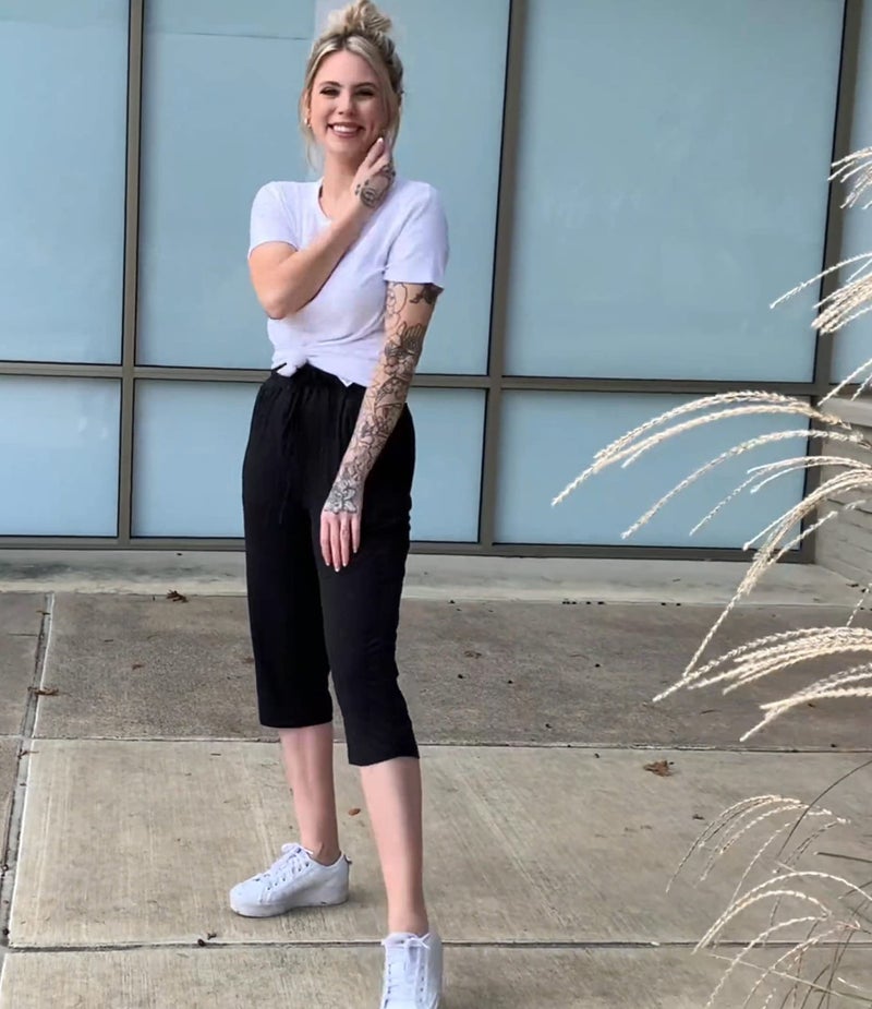 TARSE Womens Capris Pockets Summer Yoga Workout Sweatpants Loose Drawstring Beach Capri Pants Lounge Pajama Cropped Pants (Black,L, Soft ) - Image 2