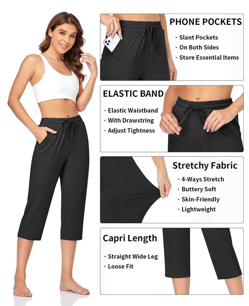 TARSE Womens Capris Pockets Summer Yoga Workout Sweatpants Loose Drawstring Beach Capri Pants Lounge Pajama Cropped Pants (Black,L, Soft ) - Image 4