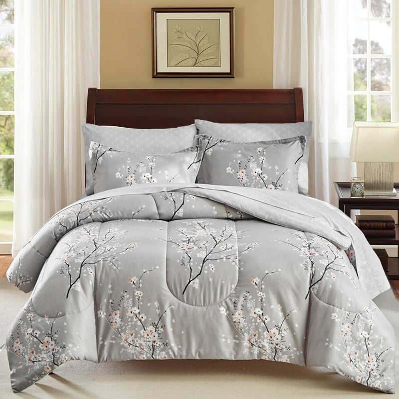 AIKASY Bed in a Bag 7 Pieces Queen Size  Floral Print  Soft Microfiber Reversible Bed Comforter Set 1 Comforter 2 Pillow Shams 1 Flat Sheet 1 Fitted Sheet 2 PillowcasesGrey Queen