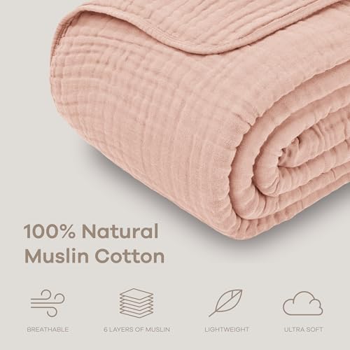 Comfy Cubs Muslin Throw Blanket - 50” x 60” Quilted Design - Lightweight, Breathable 6-Layer Gauze Fabric - Soft Cotton Blanket for Home or Travel - Packaged in Elegant Gift Box - Blush - Image 3