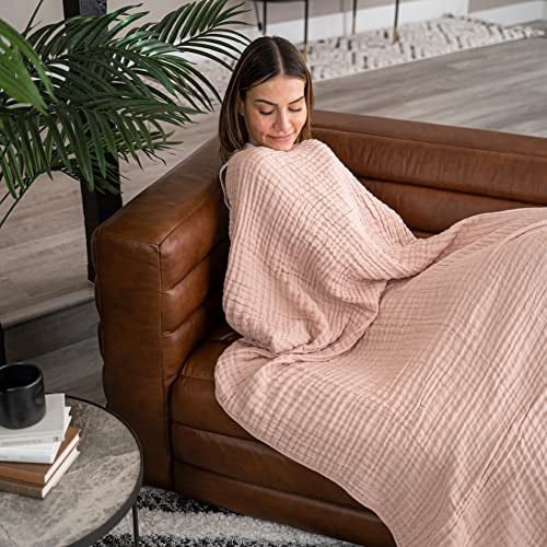 Comfy Cubs Muslin Throw Blanket - 50” x 60” Quilted Design - Lightweight, Breathable 6-Layer Gauze Fabric - Soft Cotton Blanket for Home or Travel - Packaged in Elegant Gift Box - Blush - Image 2