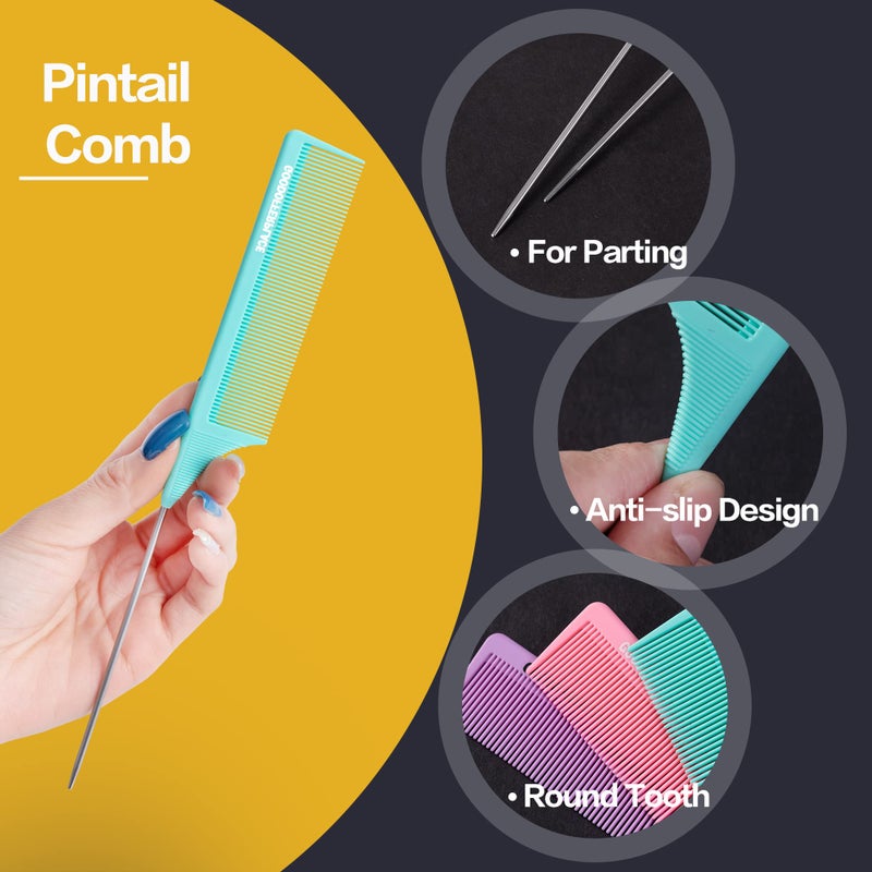 Goodofferplace 3 PCS Rat Tail Combs Parting Rattail Teasing Fine Tooth Comb with Metal Pick for Curly Hair,Detangling Parting Combs for Women,for Braiding,Styling Hair(Pink Purple Green) - Image 3