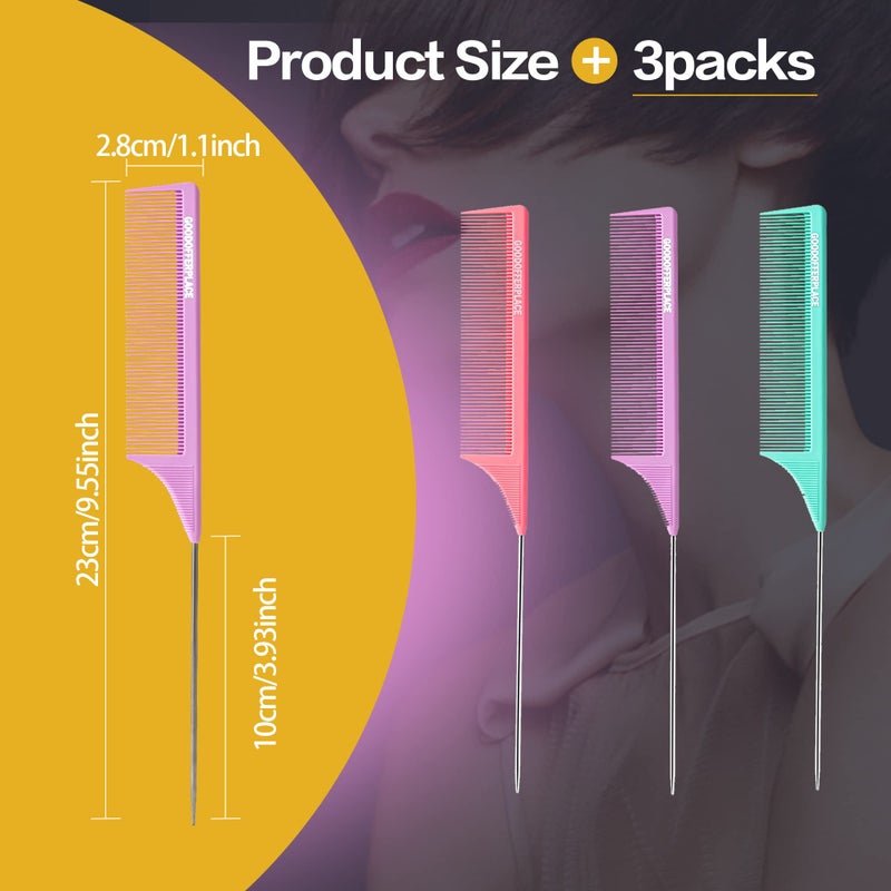 Goodofferplace 3 PCS Rat Tail Combs Parting Rattail Teasing Fine Tooth Comb with Metal Pick for Curly Hair,Detangling Parting Combs for Women,for Braiding,Styling Hair(Pink Purple Green) - Image 2
