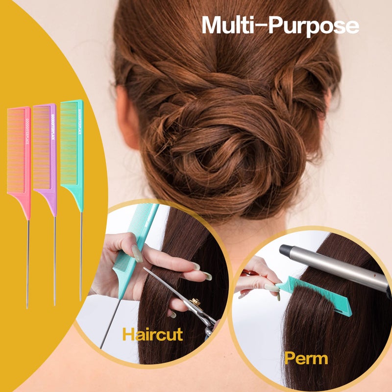 Goodofferplace 3 PCS Rat Tail Combs Parting Rattail Teasing Fine Tooth Comb with Metal Pick for Curly Hair,Detangling Parting Combs for Women,for Braiding,Styling Hair(Pink Purple Green) - Image 5