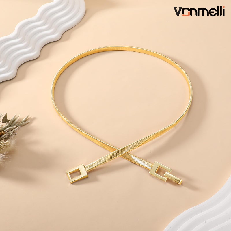 VONMELLI Women's Skinny Metal Cinch Belt for Dress Stretch Thin Waist Belt Gold Elastic Belts, Square Knot M - Image 3