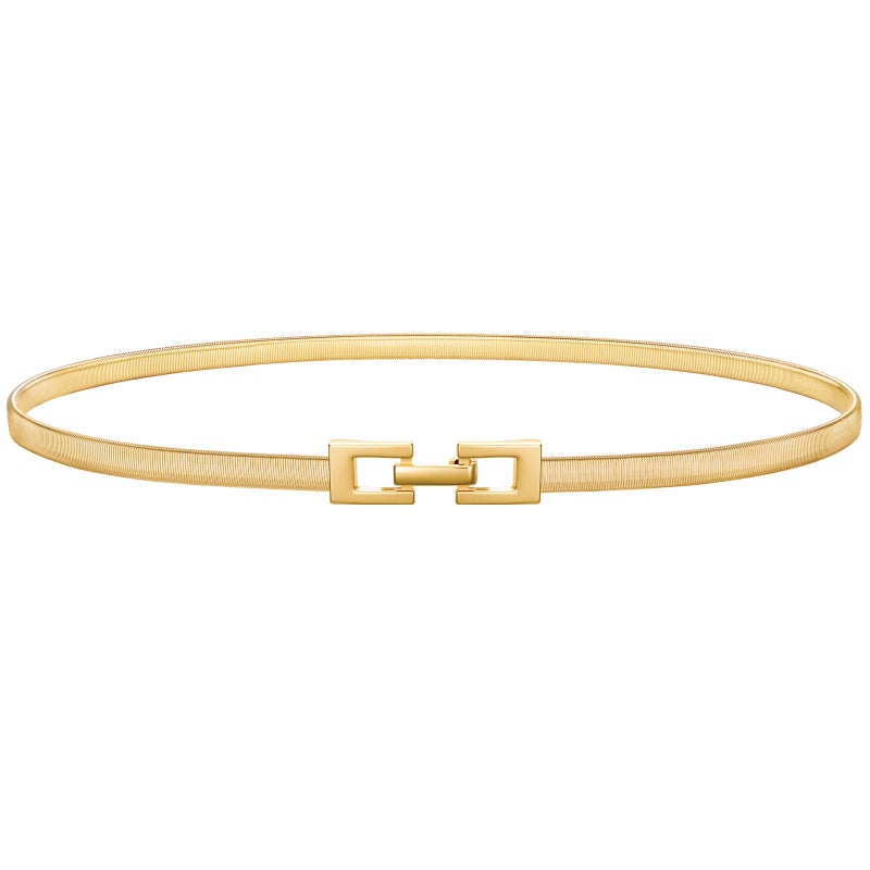 VONMELLI Women's Skinny Metal Cinch Belt for Dress Stretch Thin Waist Belt Gold Elastic Belts, Square Knot M - Image 1
