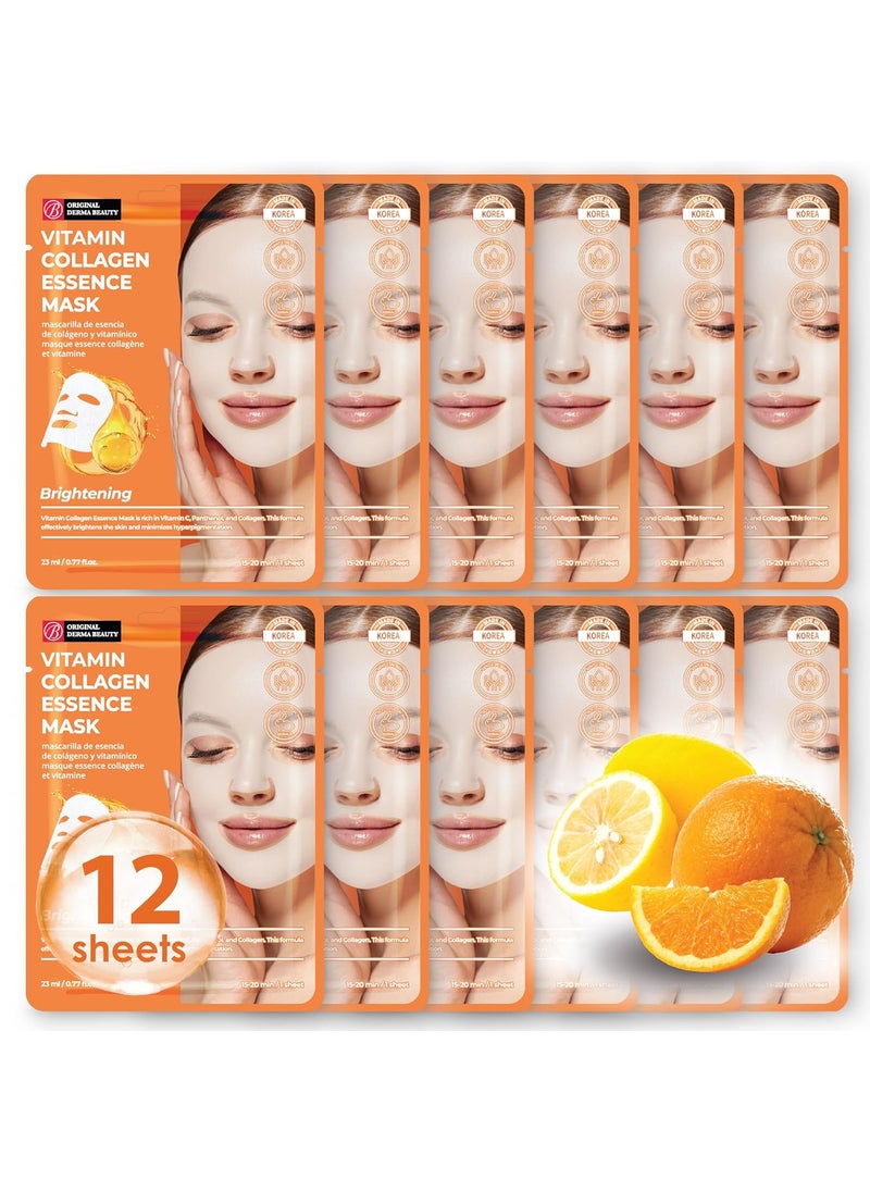 innerest - Original Derma Beauty Collagen Face Masks Skincare 12 PK Brightening Vitamin Face Mask Skin Care Sheet Masks Set for Beauty  Personal Care Korean Face Mask - Image 1