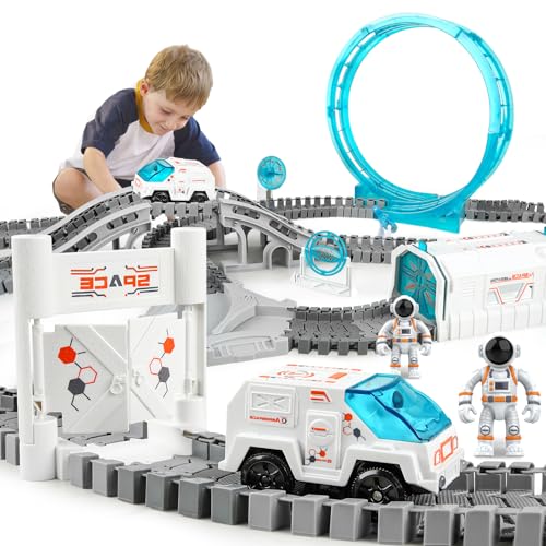 KIZJORYA Construction Race Track Space Train Track Set 205 PCS DIY Flexible Tracks Play Set for Boys 47 with Light up Space Car Station Astronaut for Toddlers Kids Girls 312 - Image 1