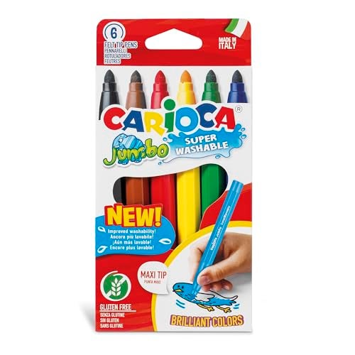 CARIOCA Jumbo Washable Markers for Kids – 6 Assorted Colors, 6 mm Maxi Felt Tip Pens, Non-Toxic, Easy Grip for Toddlers, Super Washable School & Art Supplies, Made in Italy - Image 1