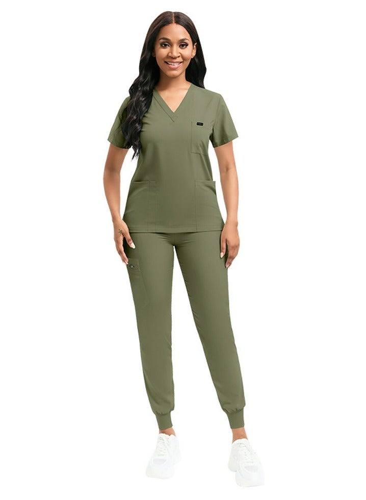 Loquat Medical Uniform Scrubs 2 Piece Set V-Neck Top and Elastic Waist Jogger Pants Suit Olive Green  - Image 1