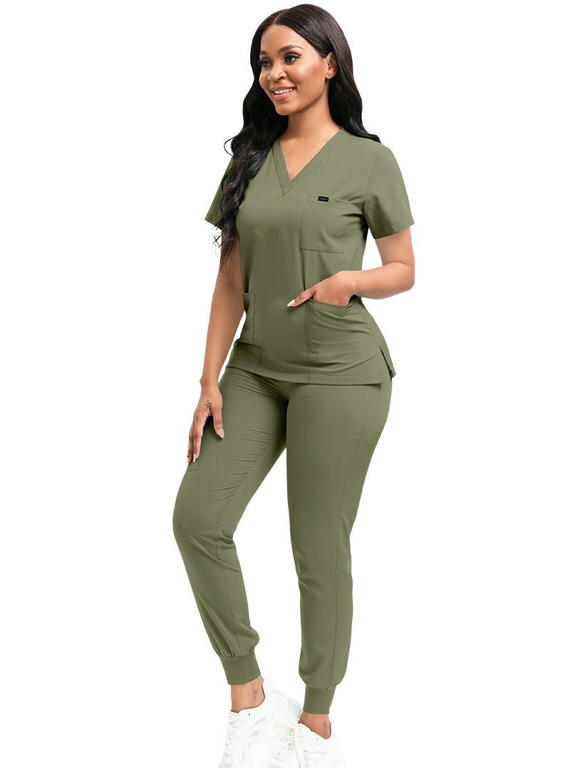 Loquat Medical Uniform Scrubs 2 Piece Set V-Neck Top and Elastic Waist Jogger Pants Suit Olive Green  - Image 2