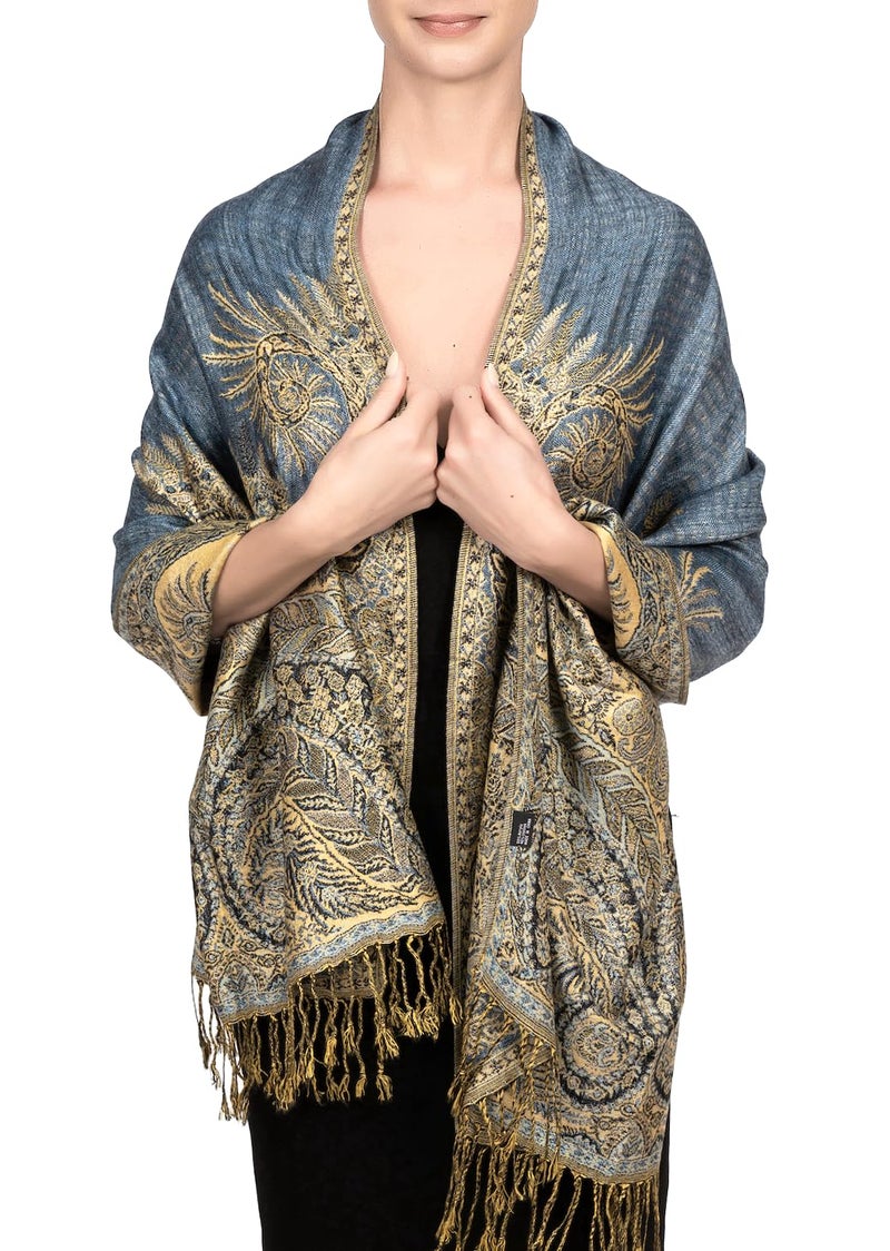 Achillea شال باهظ الثمن من أكيليا ذو طبقتين من جاكار بنقشة بايسلي كبيرة (أزرق فولاذي) - Image 3
