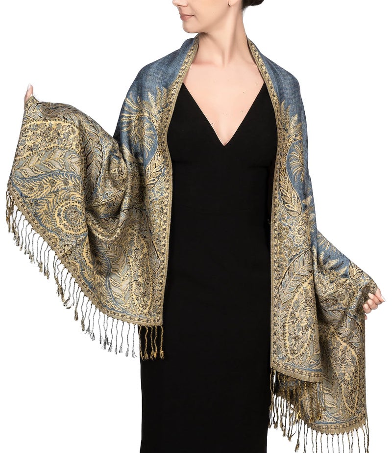 Achillea شال باهظ الثمن من أكيليا ذو طبقتين من جاكار بنقشة بايسلي كبيرة (أزرق فولاذي) - Image 4