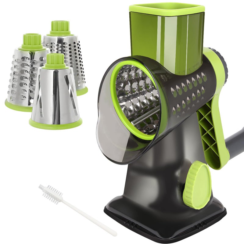 EDEFISY Cheese Grater Hand Crank Rotary Vegetables Shredder with Handle, 3-in-1 Graters with Interchangeable Blades and Strong Suction Base Multifunctional Slicer for Kitchen,green - Image 1