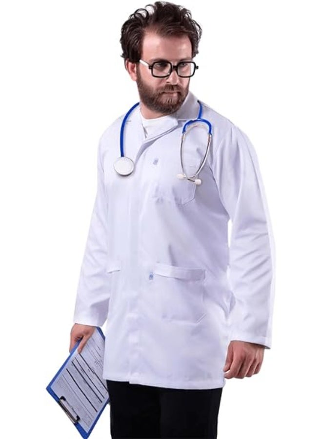 Men Classic White Lab Coat Long Sleeve Button Front Work Coat with Pockets Tailored Fit - Image 1