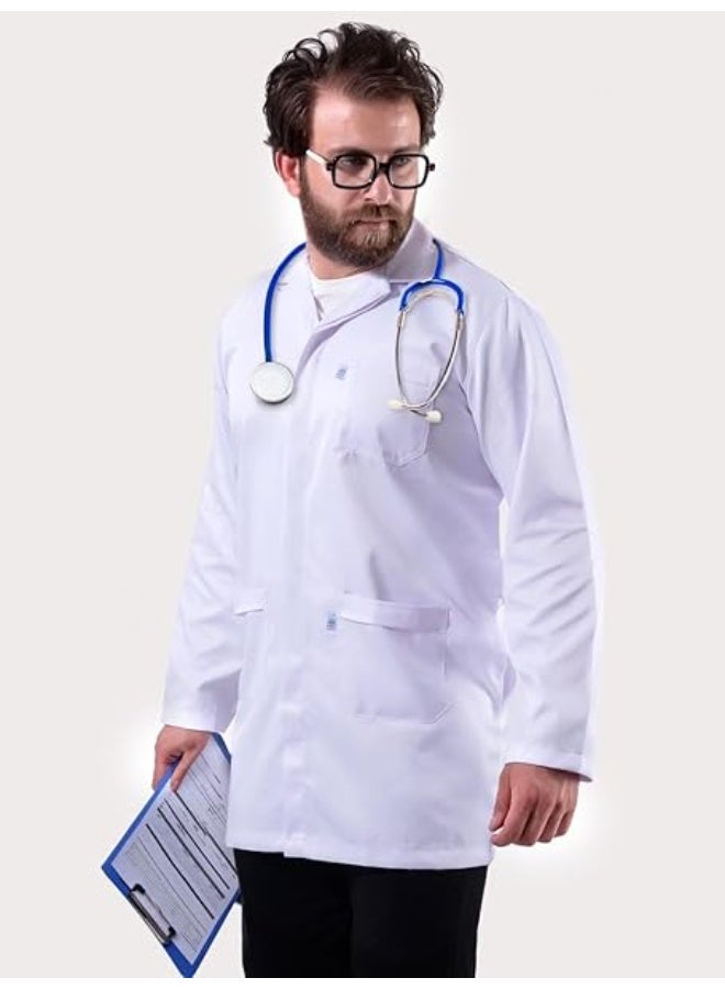 Men Classic White Lab Coat Long Sleeve Button Front Work Coat with Pockets Tailored Fit - Image 3