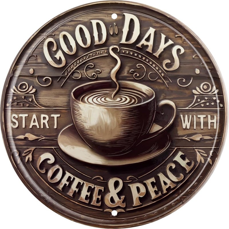 CSWLJS Vintage Coffee & Peace Round Wooden Sign for Kitchen Home Office Cafe or Outdoor Decor Rustic Wall Art 8x8 In - Image 1