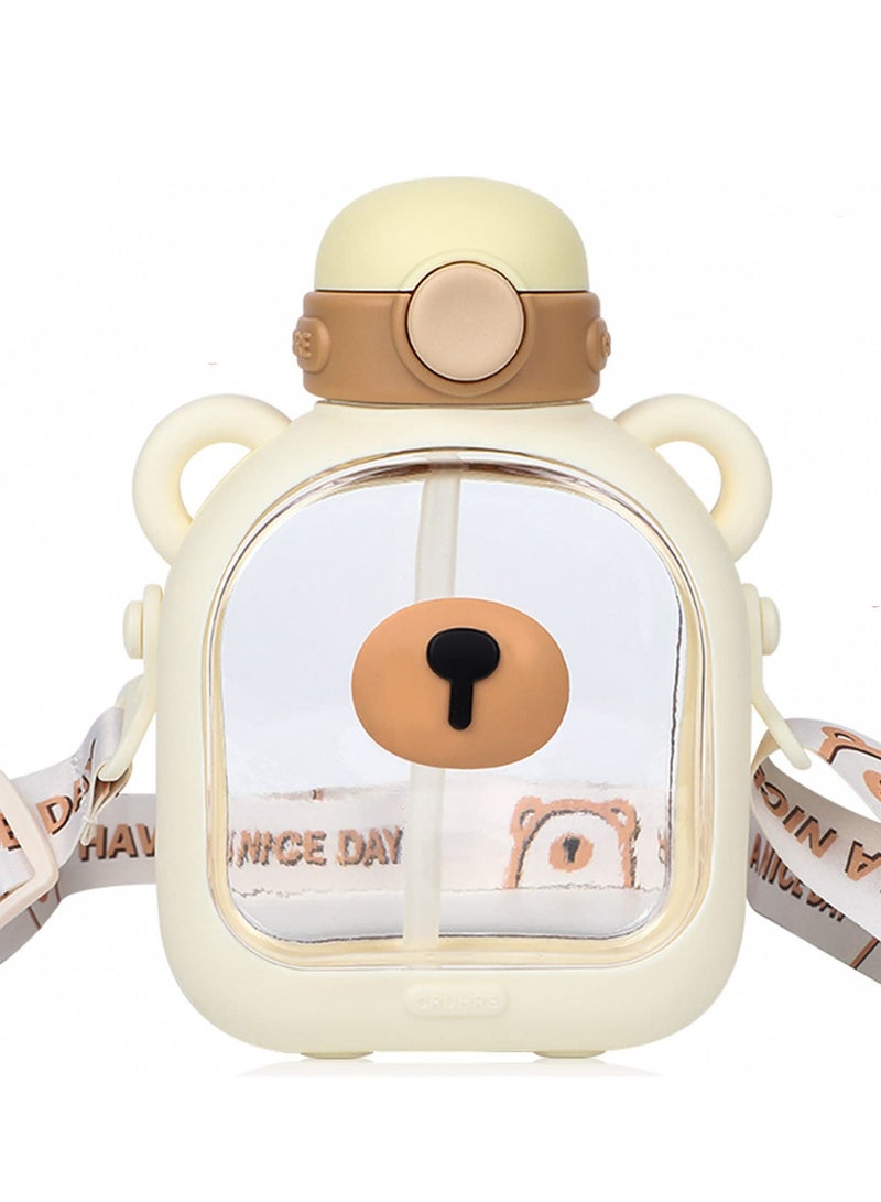SYOSI Kawaii Bear Straw Water Bottle with Shoulder Strap, Leak-proof Cute Water Bottles and Kawaii Stickers - Image 1