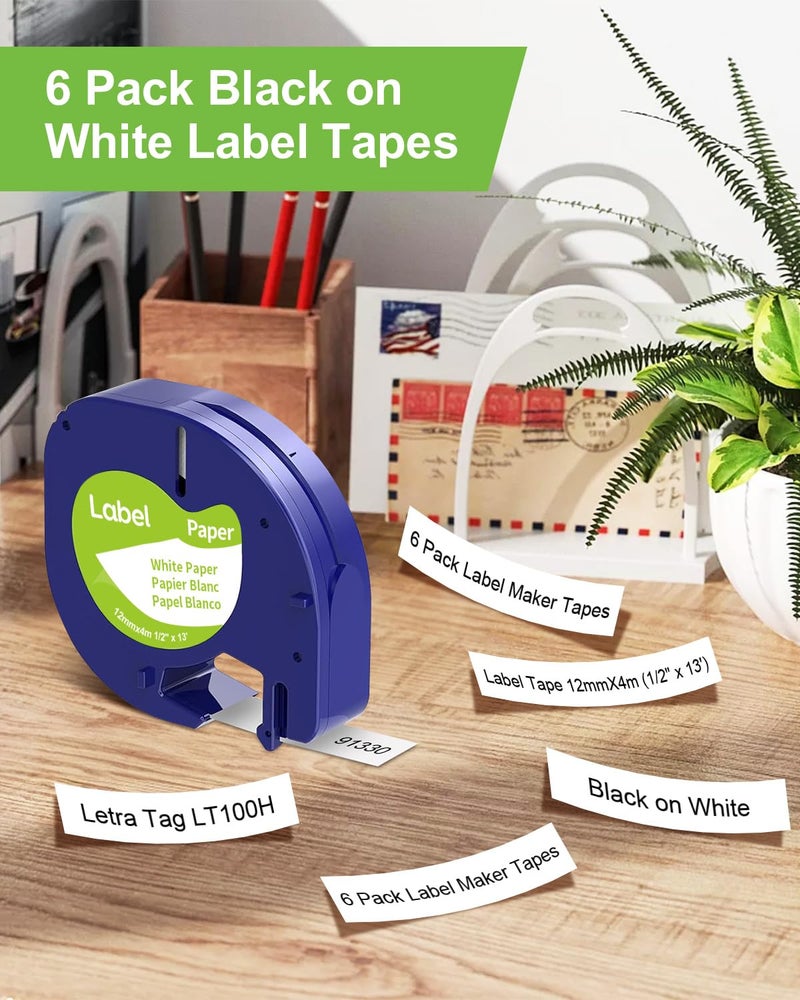 JOJOME 6-Pack Paper Black on White Tape Compatible for DYMO Label Maker Refills 91330, Compatible for Letratag LT-100T LT-100H Refills, 1/2 inch x 13 feet (12mm x 4m) - Image 4