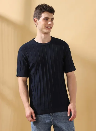 Dennis Lingo Men'S Navy Cotton Blend Textured Regular Fit T-Shirt