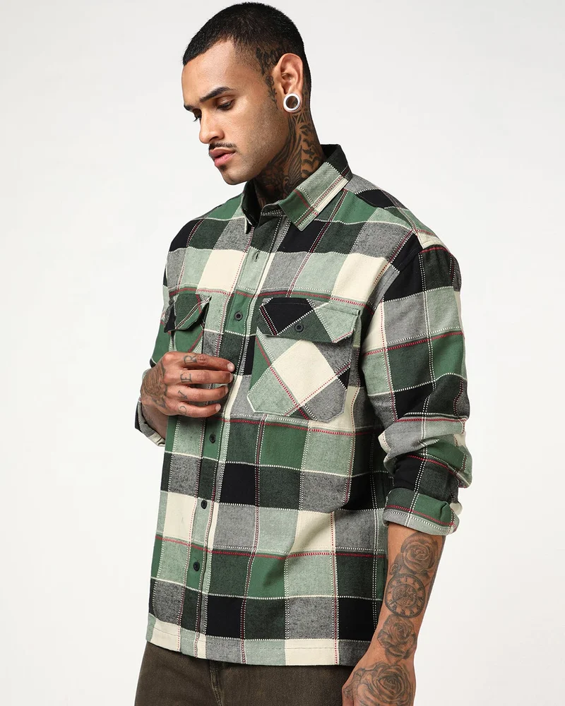 bewakoof Men's Green & Beige Checked Oversized Shirt