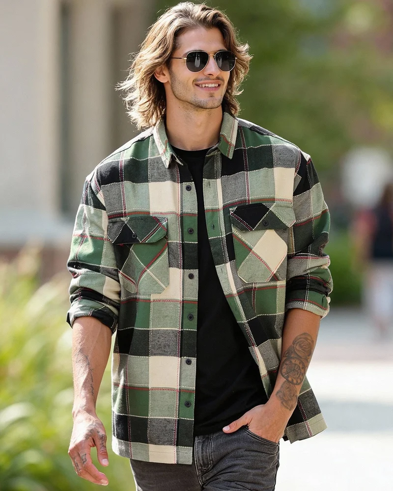 bewakoof Men's Green & Beige Checked Oversized Shirt