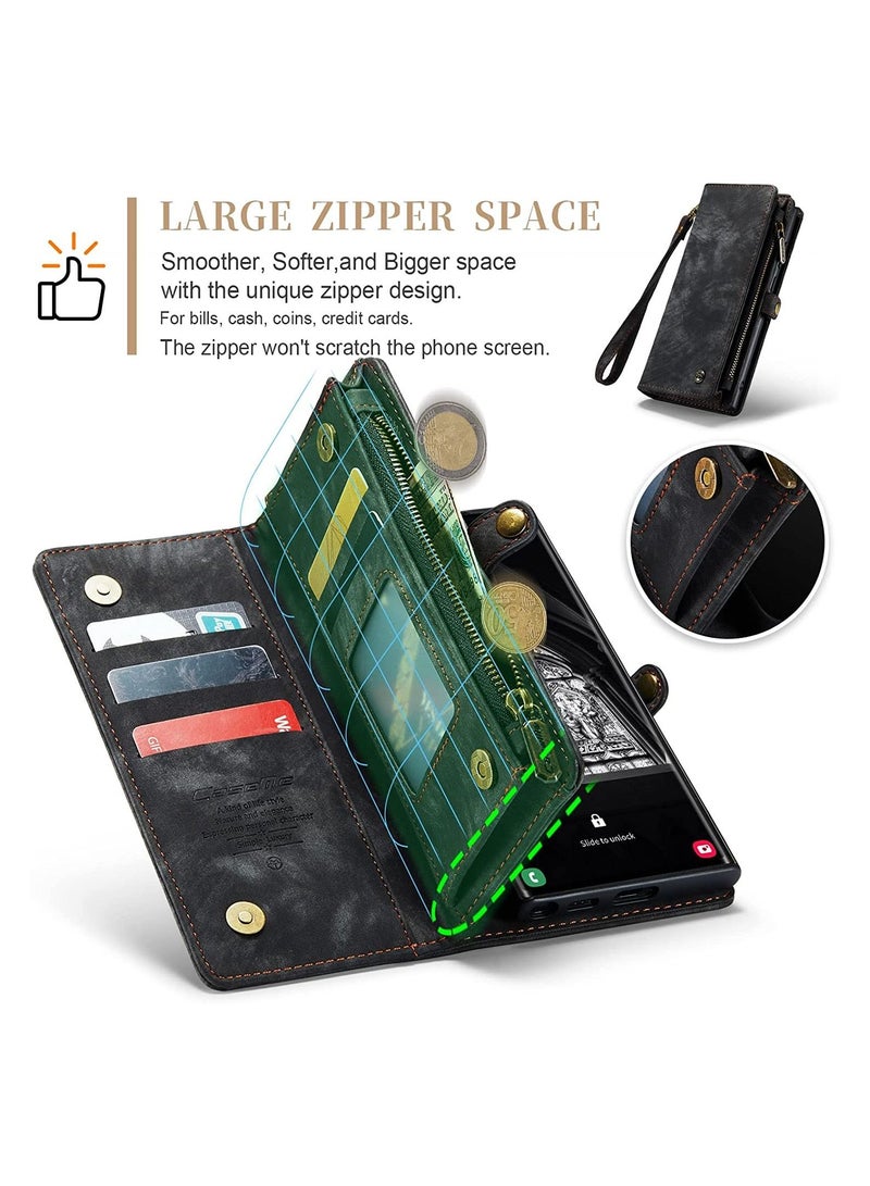 Samsung Galaxy S23 Ultra 5G, 2 in 1 Flip Retro Handmade Leather Zipper Shockproof Case with Card Slots and Detachable Magnetic Back Cover for S23 Ultra - Image 4
