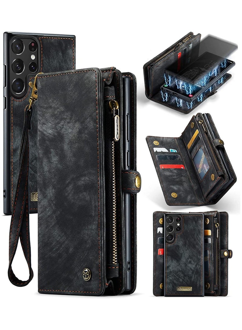 Samsung Galaxy S23 Ultra 5G, 2 in 1 Flip Retro Handmade Leather Zipper Shockproof Case with Card Slots and Detachable Magnetic Back Cover for S23 Ultra - Image 1