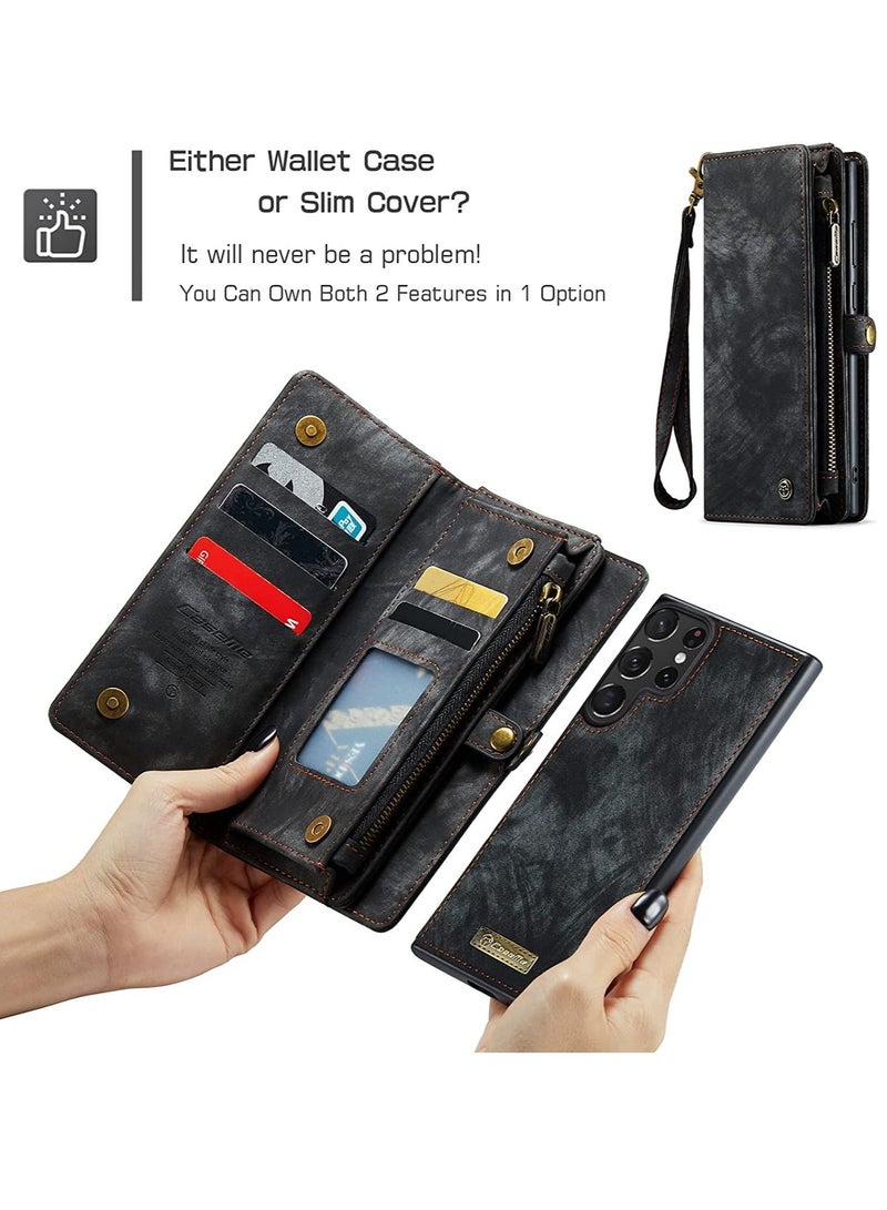 Samsung Galaxy S23 Ultra 5G, 2 in 1 Flip Retro Handmade Leather Zipper Shockproof Case with Card Slots and Detachable Magnetic Back Cover for S23 Ultra - Image 5