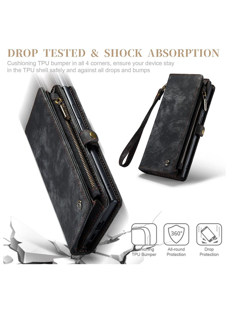 Samsung Galaxy S23 Ultra 5G, 2 in 1 Flip Retro Handmade Leather Zipper Shockproof Case with Card Slots and Detachable Magnetic Back Cover for S23 Ultra - Image 3