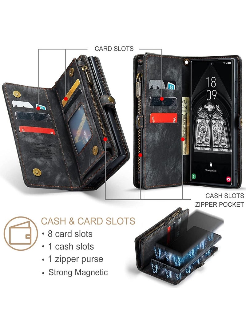 Samsung Galaxy S23 Ultra 5G, 2 in 1 Flip Retro Handmade Leather Zipper Shockproof Case with Card Slots and Detachable Magnetic Back Cover for S23 Ultra - Image 2