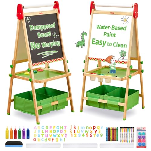 FUNLIO AntiWarping Kids Art Easel 3 Height Adjustable for Kids Aged 28 AllinOne Toddler Easel with Paper Roll Erasable Frame Standing Easel with Magnetic ChalkboardWhiteboard Green - Image 1