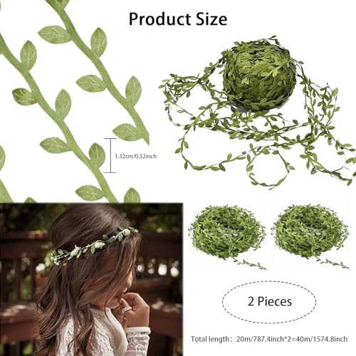 Zytiqt 2 Pack Artificial Leaves, Leaves Decoration Items, Green Vines for Decoration, 20m Long Fake Plants for Home Decor, Fake Leaves, DIY Wall Hanging, Wedding Party Crafts, Ribbon, Green Vines - Image 2