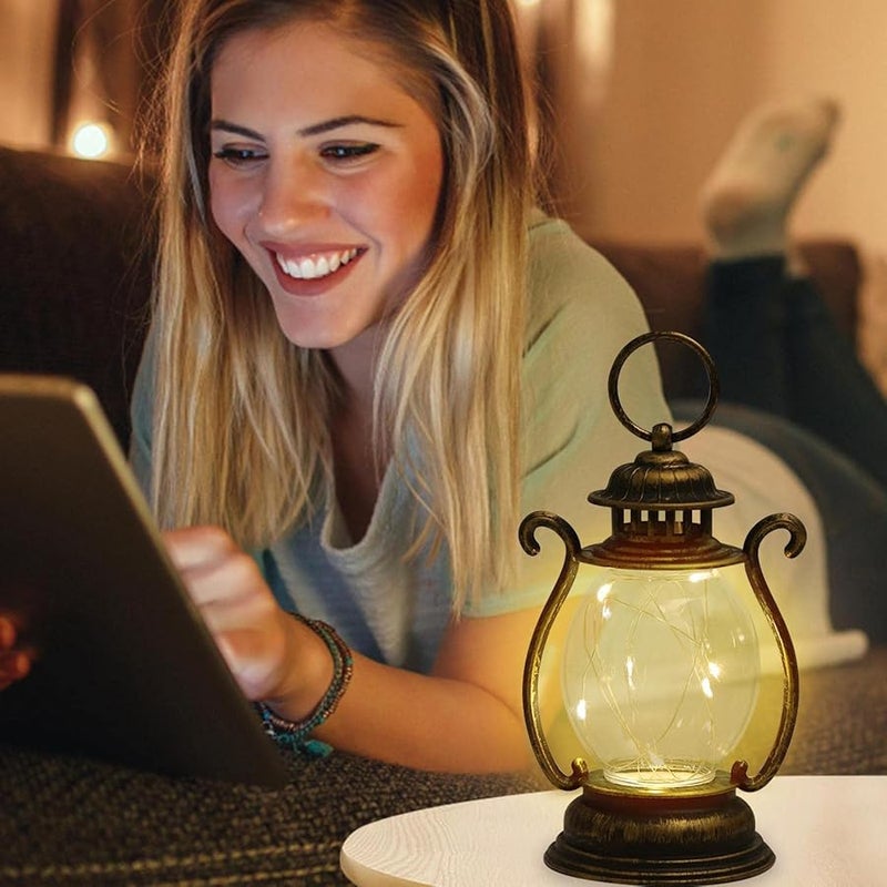 Bronze Gold LED Lantern Antique Retro Battery Operated Bedside Table Outdoor Hanging Lamp - Image 4